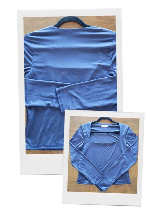 Gaze Tops - Gaze Navy Blue Square Neck Cropped Long Sleeve Blouse Top Sz L